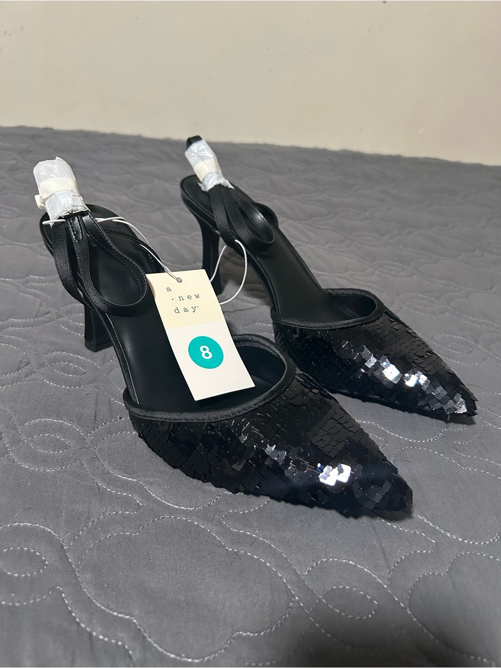 a new day Black Sequin Pointed Slingback Heels